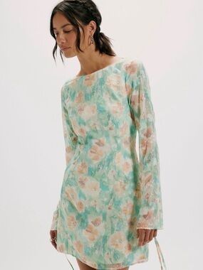 Free People x DZO Mika Mini Dress Mint and Peach Floral Watercolor